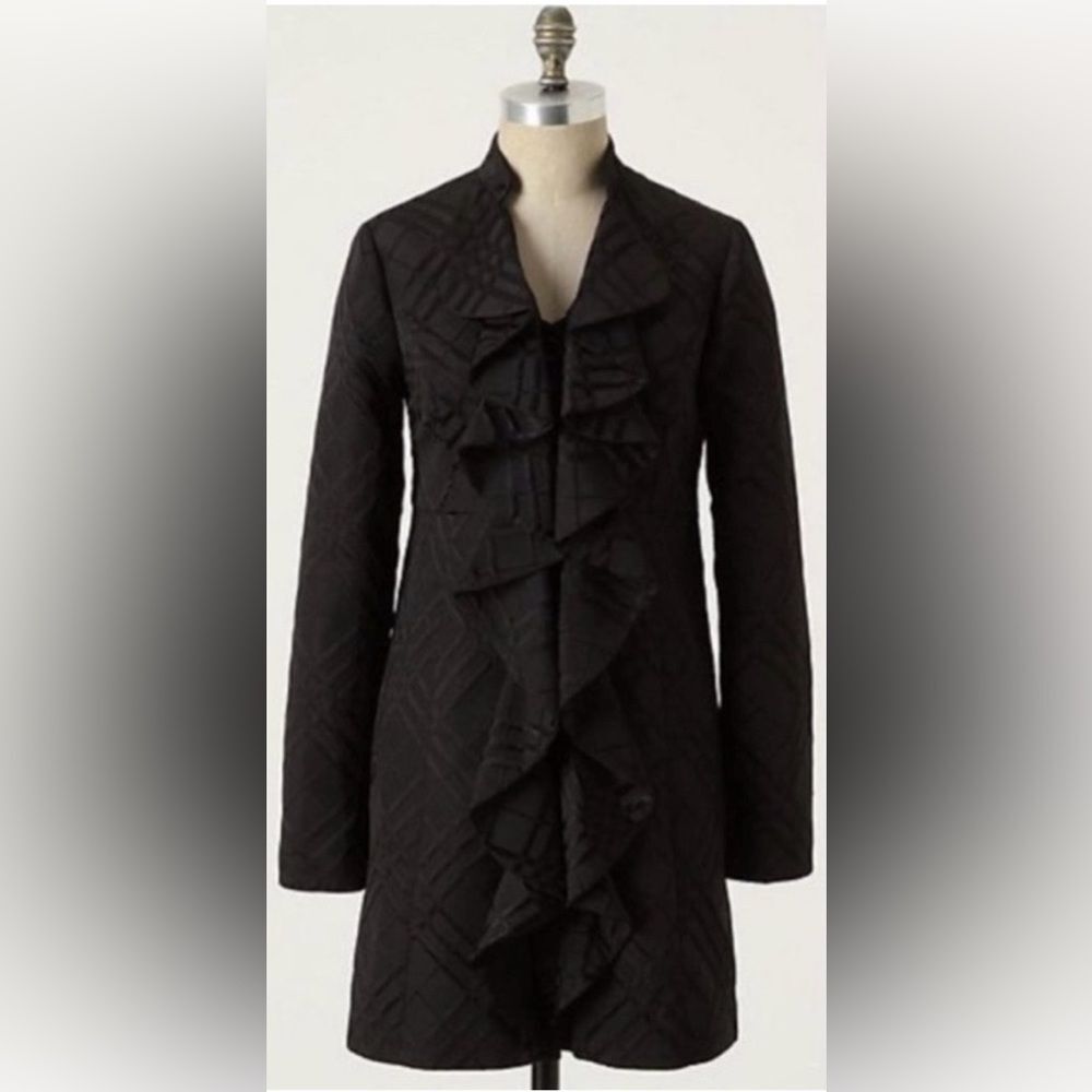 Anthropologie Tabitha Black Plaid Ruffle Dress Coat Size 4